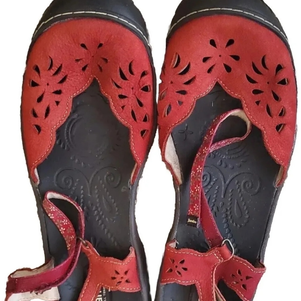 JAMBU Red Leather Laser Cut Ankle Strap Maryjanes 11
